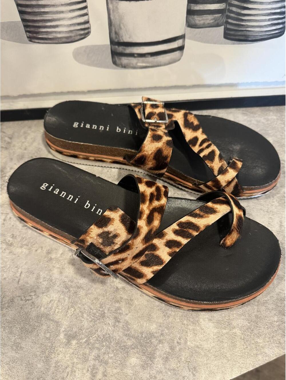 Gianni Binni sandals, size 10, black leopard print, open-toe, low wedge heel
